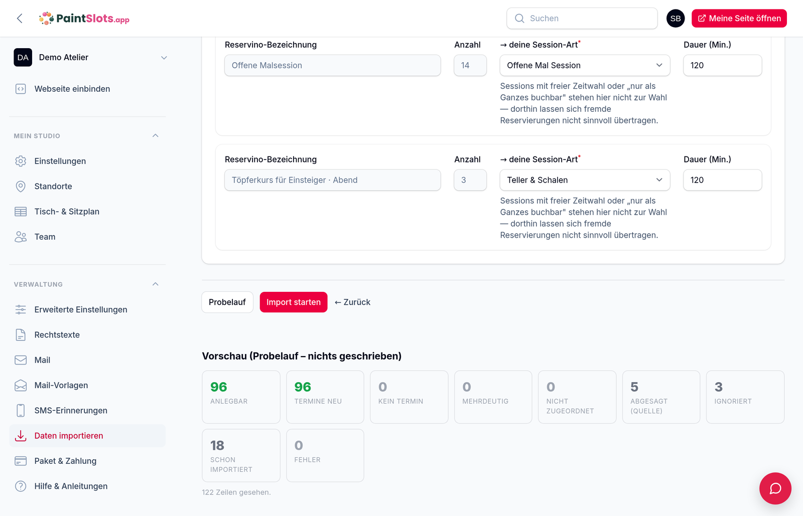 Import-Assistent im Admin: oben die Zuordnung der Reservino-Bezeichnungen zu Session-Arten mit Dauer, darunter die Knöpfe Probelauf und Import starten und die Vorschau mit Zählern