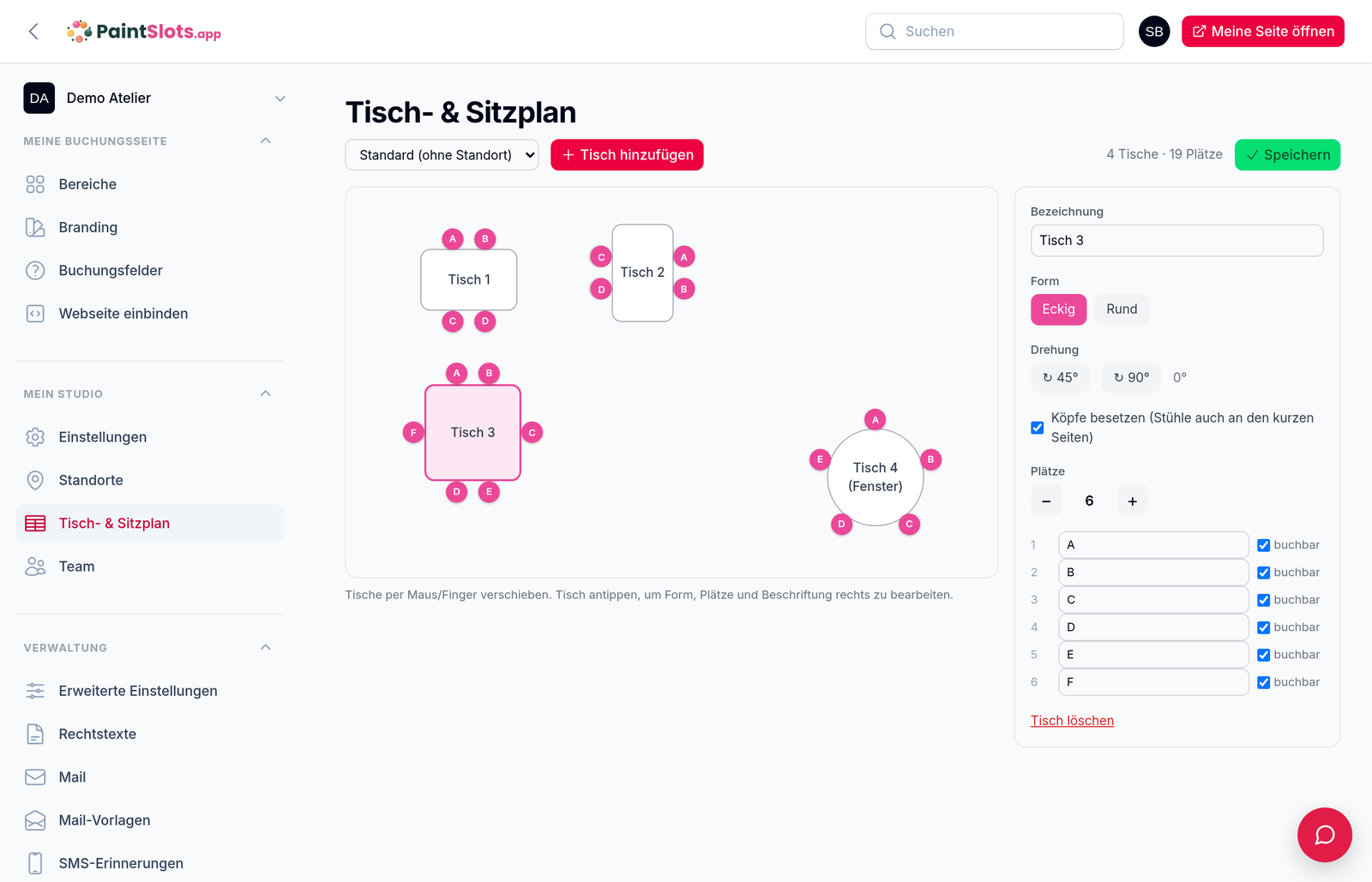 Sitzplan-Editor im Admin: vier Tische mit benannten Plätzen auf einer Fläche, rechts die Einstellungen für den ausgewählten Tisch