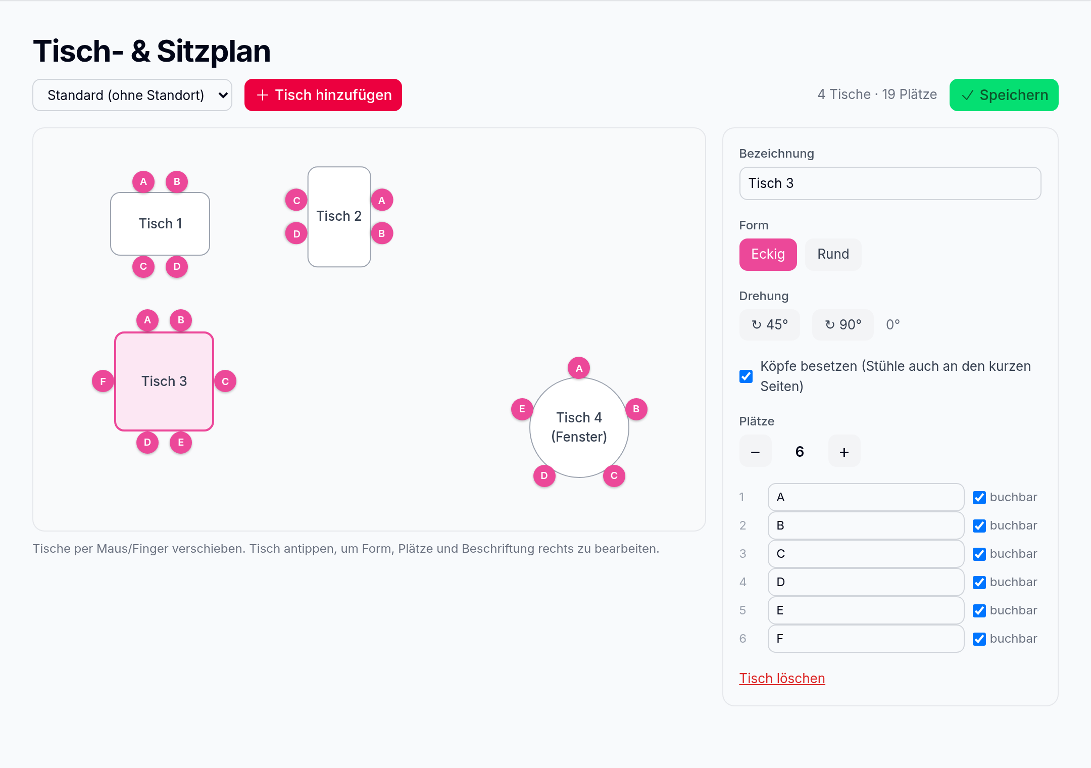 Tisch- und Sitzplan-Editor mit vier Tischen, eckig und rund, und benannten Plätzen