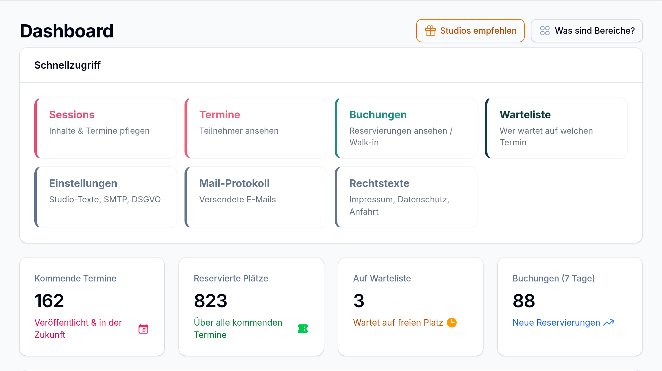 Dashboard im Studio-Bereich mit Schnellzugriff und Kennzahlen zu kommenden Terminen und reservierten Plätzen