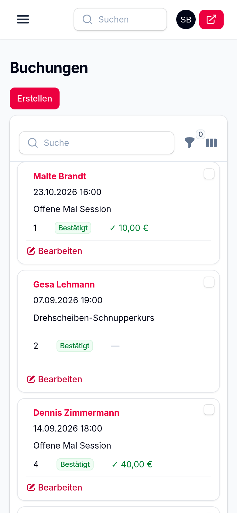 PaintSlots-Verwaltung auf dem Handy: die Buchungsliste als Karten mit Name, Termin, Angebot, Personenzahl und Bezahlstatus