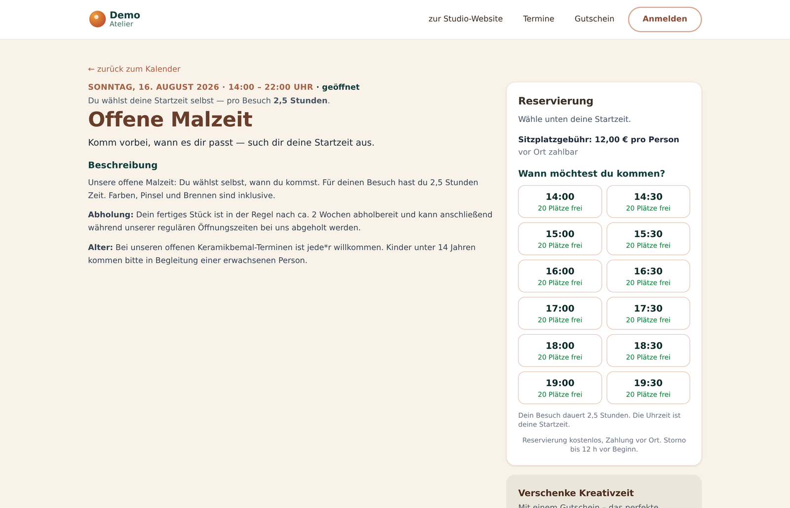 Angebot mit freier Zeitwahl: Raster mit Startzeiten von 14:00 bis 19:30 und der Zahl der freien Plätze je Uhrzeit