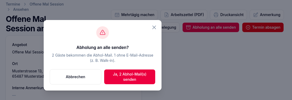 Der Knopf „Abholung an alle senden