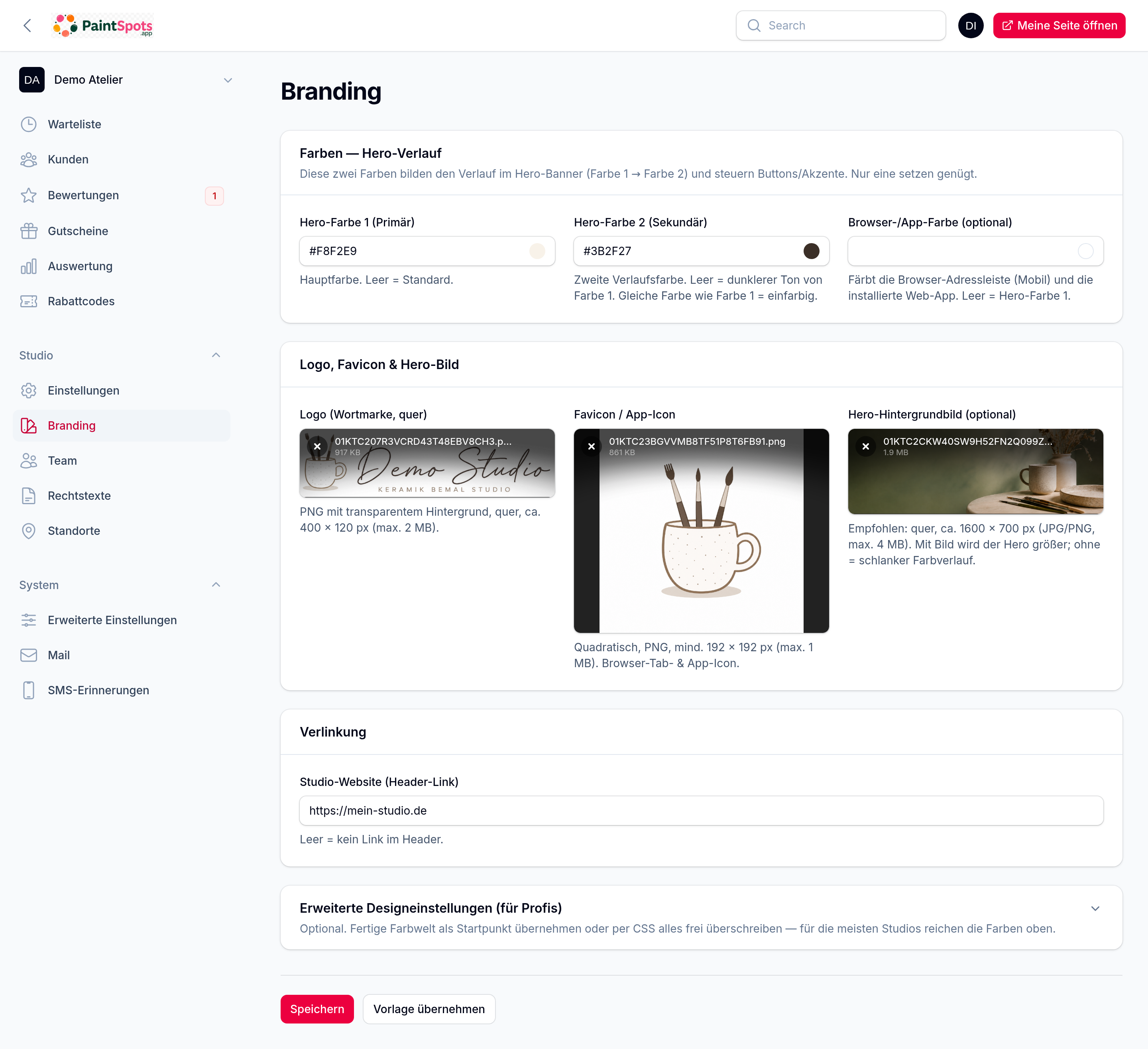 Branding – Hero-Farben, Logo, Favicon und Hero-Bild