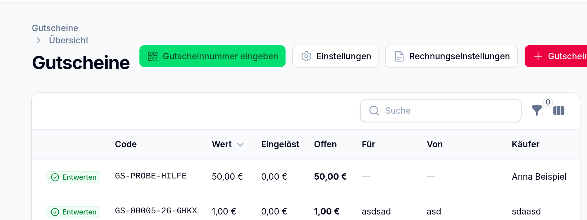 Gutschein-Liste – „Entwerten
