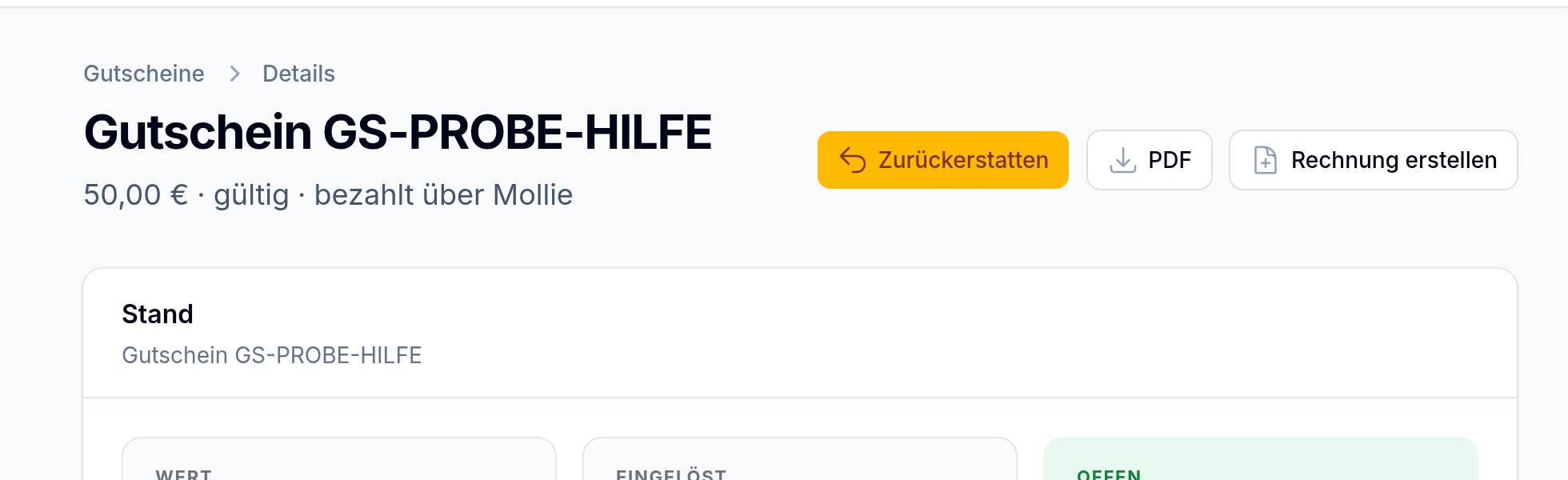 Die Gutschein-Seite mit Betrag, Zahlungsweg und allen Aktionen