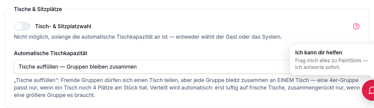 Die Auswahl in der Sessionart unter „Plätze & Ort