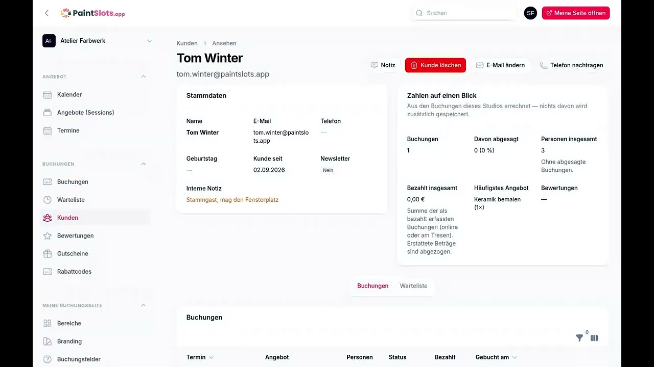 Vorschaubild: Buchungen verwalten – Walk-in eintragen, Kundenakte, Kalender